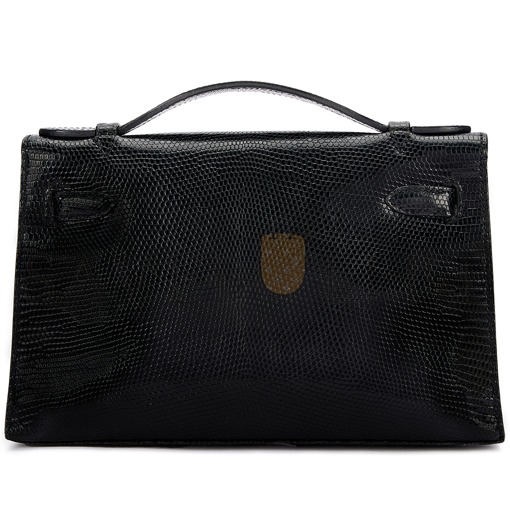 HERMÈS MASTER  BLACK SHINY NILOTICUS LIZARD KELLY POCHETTE GOLD HARDWARE (22*14*7cm) 